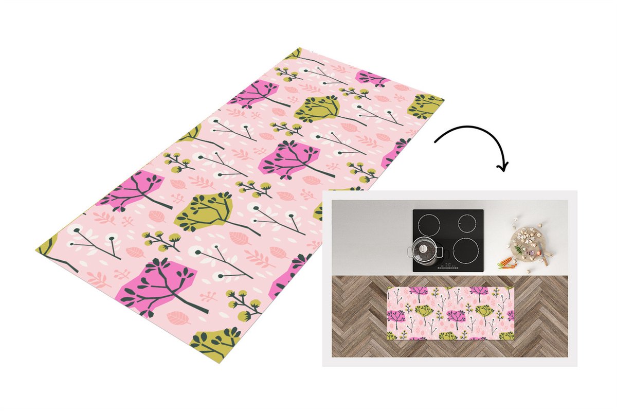 KitchenYeah Keukenloper - Loper keuken - Roze - Bomen - Bladeren - Design - 120x50 cm - Keukenloper vinyl Multicolor