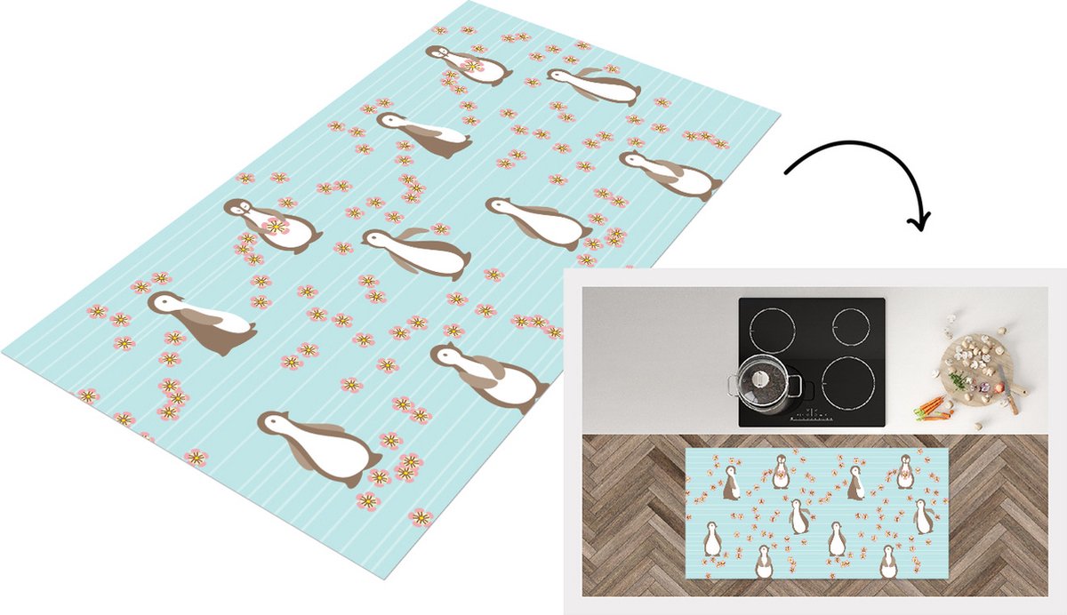 KitchenYeah Keukenloper - Loper keuken - Bloemen - Design - Pinguïn - 120x60 cm - Keukenloper vinyl Multicolor