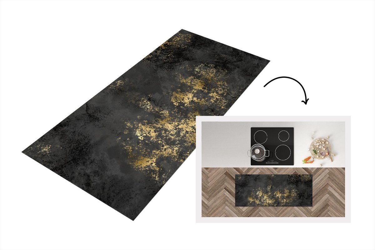 KitchenYeah Keukenloper - Loper keuken - Gold - Luxe - Zwart - 120x50 cm - Keukenloper vinyl Multicolor