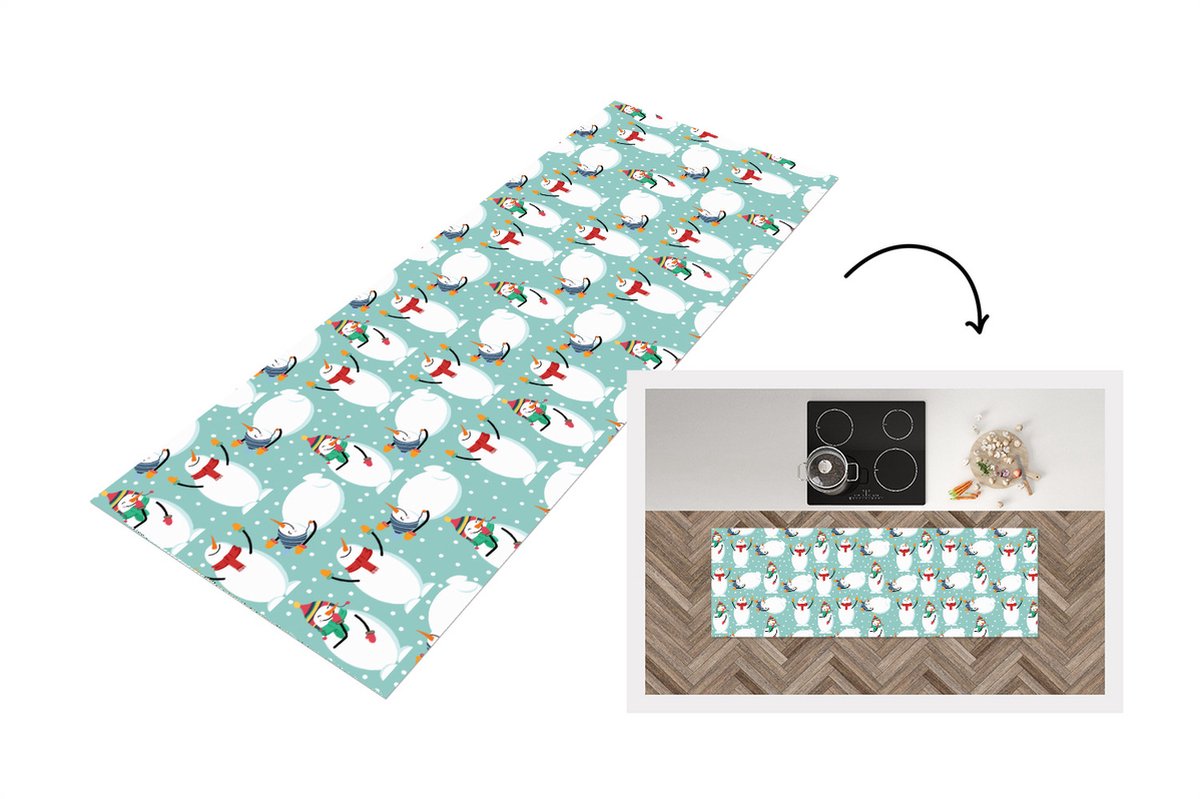 KitchenYeah Keukenloper - Loper keuken - Sneeuwpop - Cartoon - Winter - Kerst - Patronen - 180x60 cm - Keukenloper vinyl Multicolor