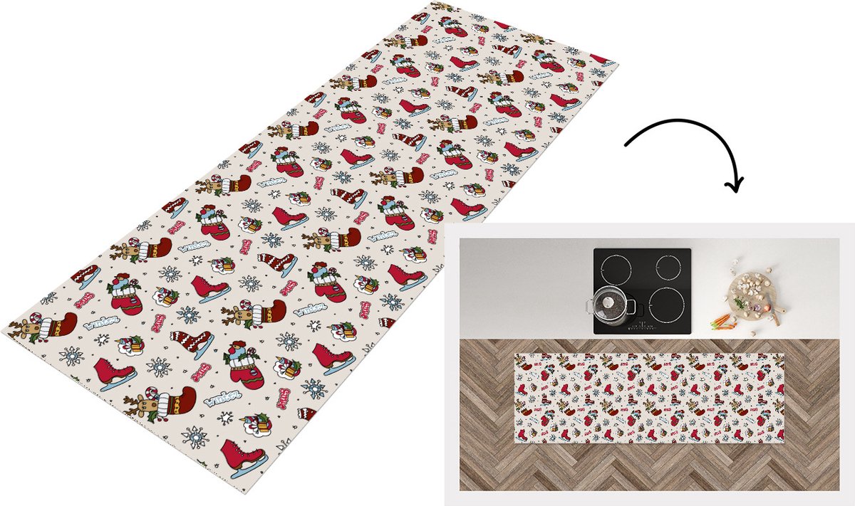 KitchenYeah Keukenloper - Loper keuken - Kerst - Schaats - Kerstcadeau - Patroon - 150x50 cm - Keukenloper vinyl Multicolor