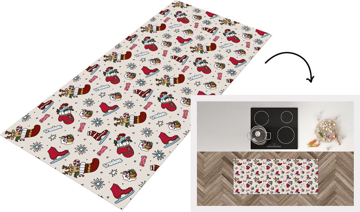 KitchenYeah Keukenloper - Loper keuken - Kerst - Schaats - Kerstcadeau - Patroon - 120x50 cm - Keukenloper vinyl Multicolor