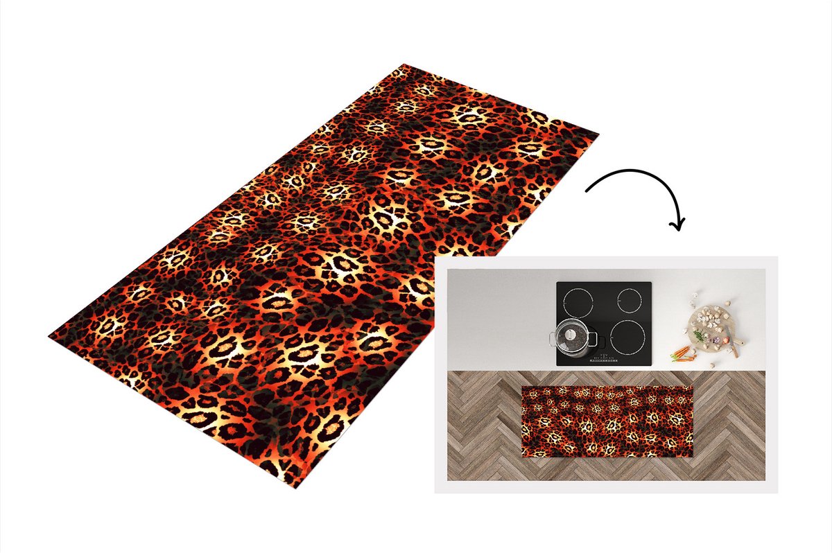 KitchenYeah Keukenloper - Loper keuken - Luipaard - Patronen - Rood - Zwart - 120x50 cm - Keukenloper vinyl Multicolor
