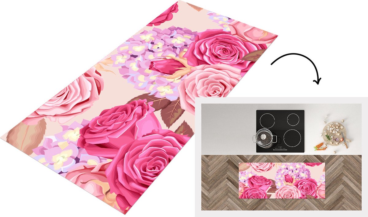 KitchenYeah Keukenloper - Loper keuken - Bloemen - Rozen - Roze - Keukenloper vinyl Multicolor