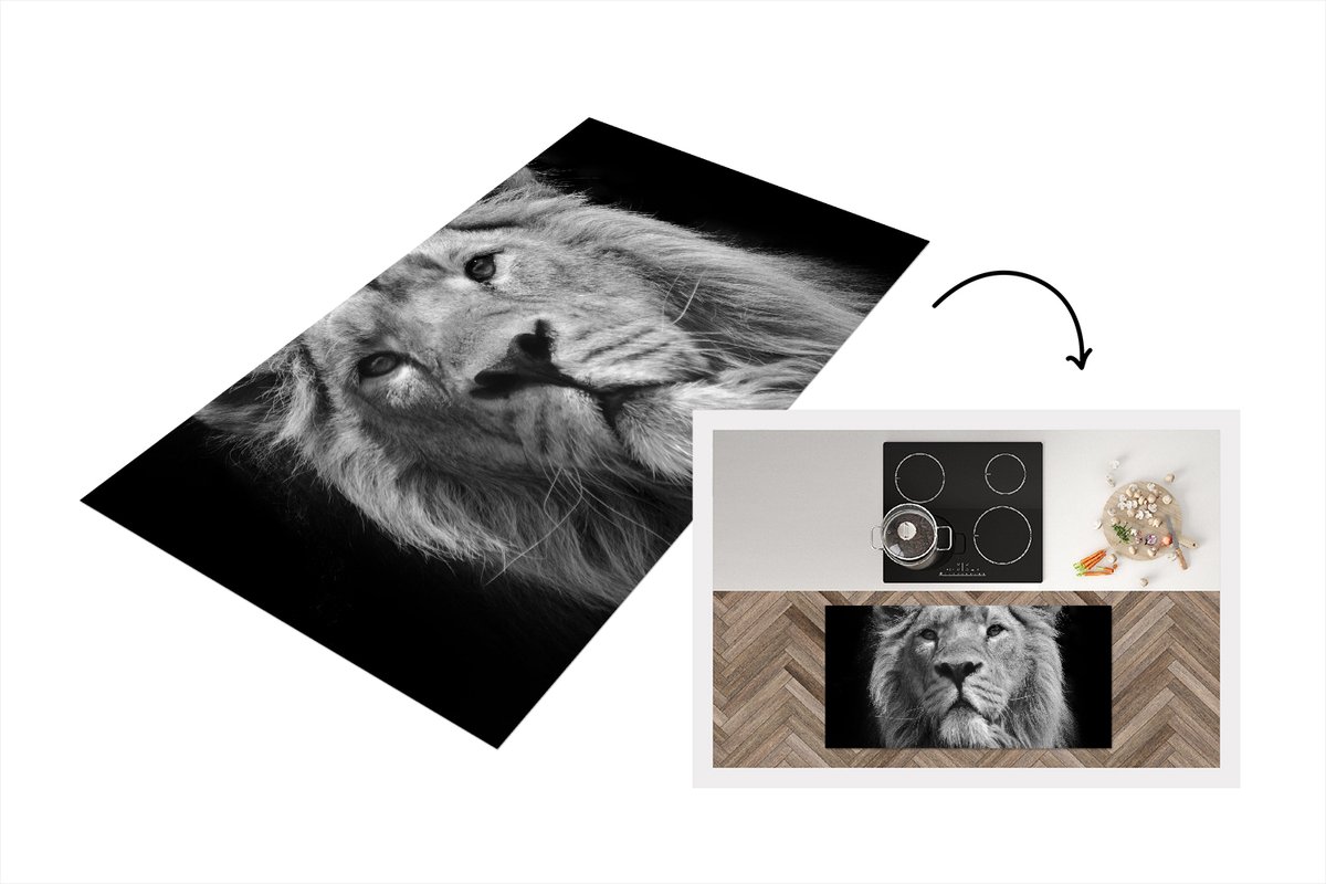 KitchenYeah Keukenloper - Loper keuken - Aziatische leeuw tegen zwarte achtergrond in zwart-wit - 120x60 cm - Keukenloper vinyl Zwart; Wit