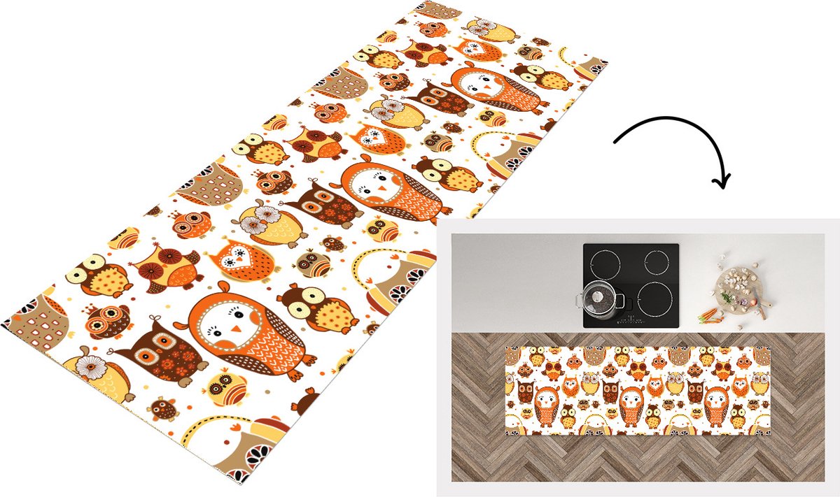 KitchenYeah Keukenloper - Loper keuken - Meisjes - Uil - Oranje - Patronen - Keukenloper vinyl, foto 4