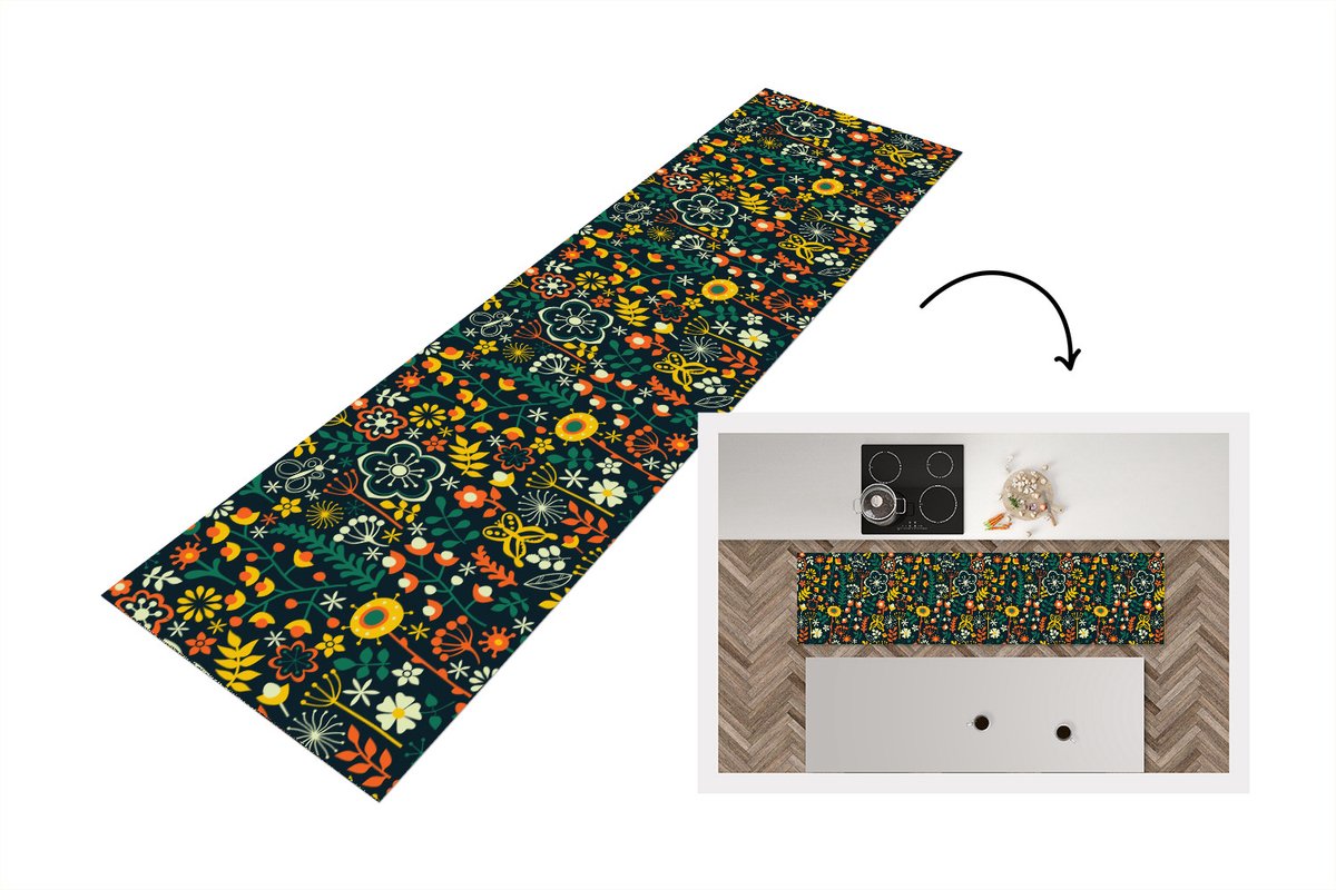 KitchenYeah Keukenloper - Loper keuken - Meisjes - Vlinder - Planten - Patronen - 200x50 cm - Keukenloper vinyl Multicolor
