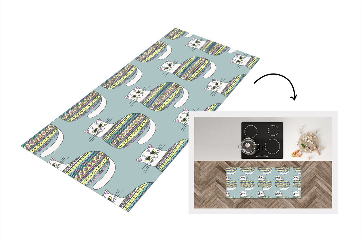 KitchenYeah Keukenloper - Loper keuken - Meisje - Katten - Trui - Patronen - 120x50 cm - Keukenloper vinyl Multicolor