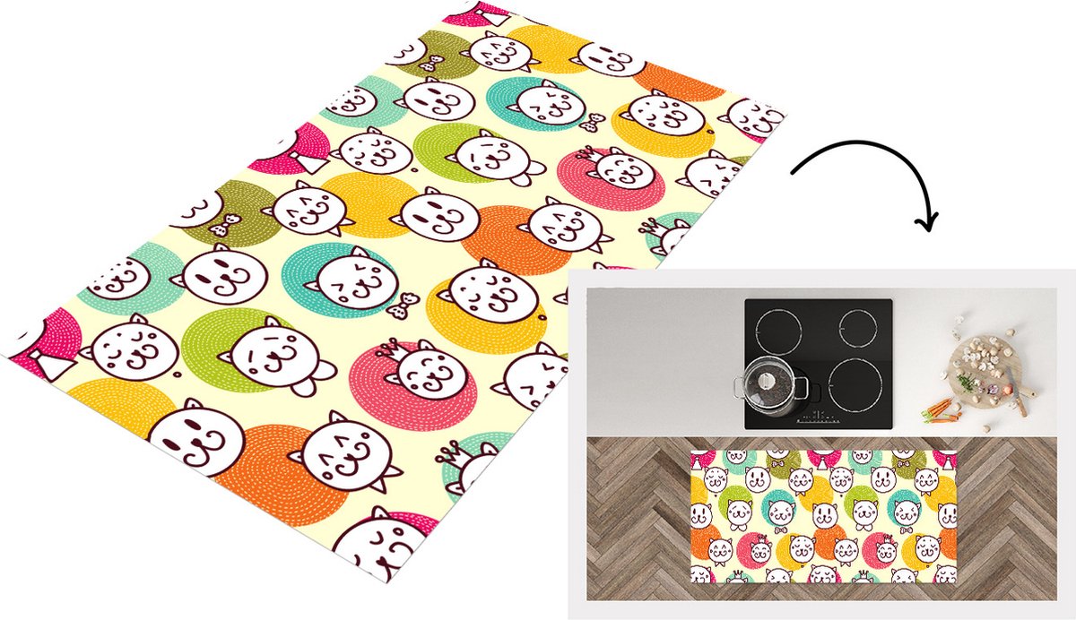 KitchenYeah Keukenloper - Loper keuken - Meisjes - Kat - Kroon - Patronen - 120x60 cm - Keukenloper vinyl Multicolor