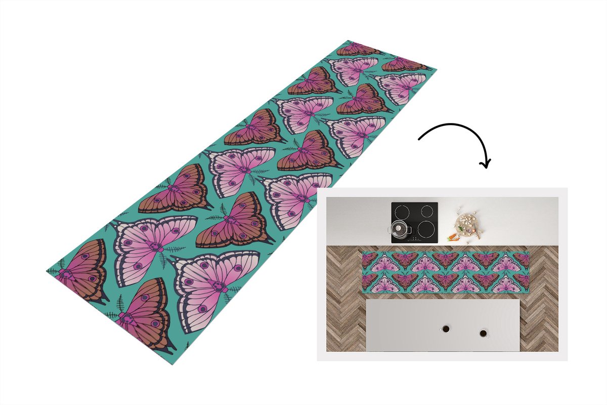 KitchenYeah Keukenloper - Loper keuken - Meisje - Motten - Insecten - Patronen - 200x50 cm - Keukenloper vinyl Multicolor