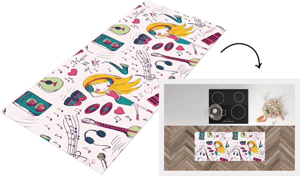 KitchenYeah Keukenloper - Loper keuken - Meiden - Muziek - Koptelefoon - Patronen - 120x50 cm - Keukenloper vinyl Multicolor