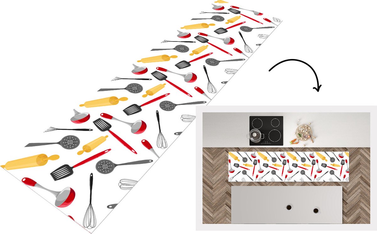 KitchenYeah Keukenloper - Loper keuken - Patronen - Keukengerei - Spatel - Deegroller - 200x50 cm - Keukenloper vinyl Multicolor