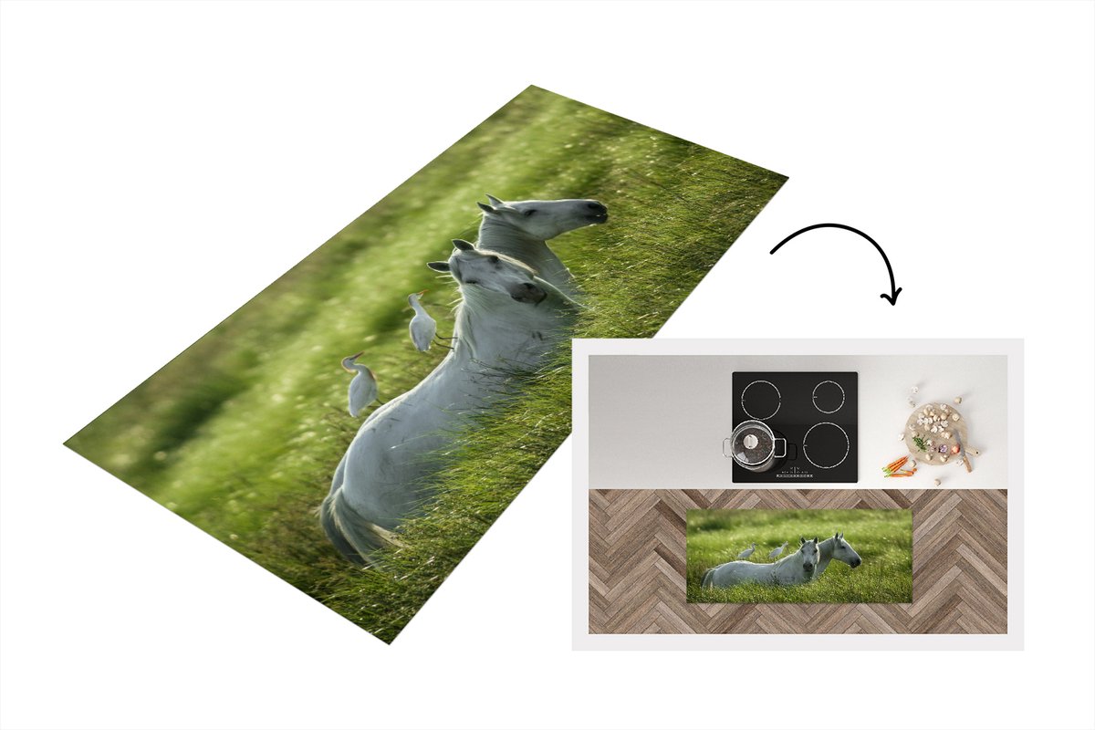 KitchenYeah Keukenloper - Loper keuken - Paarden - Vogel - Gras - 120x50 cm - Keukenloper vinyl Multicolor
