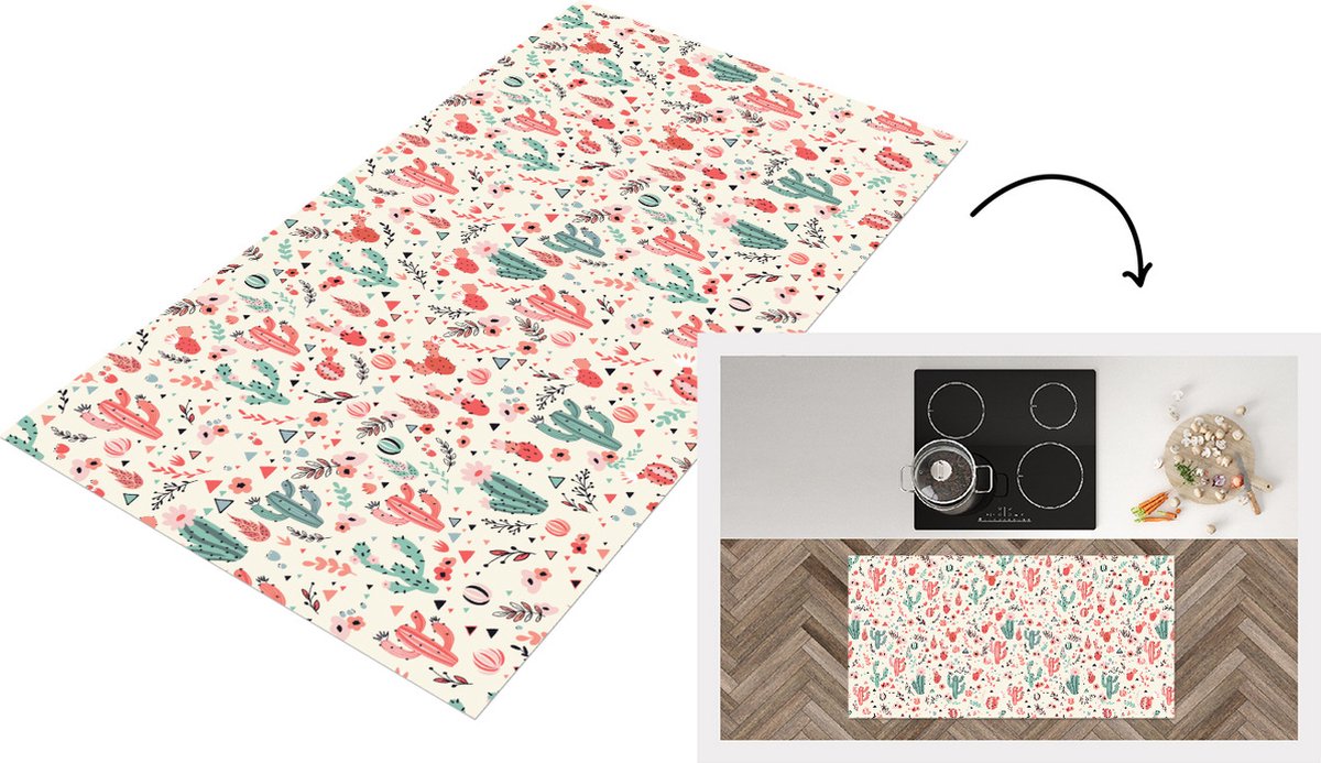 KitchenYeah Keukenloper - Loper keuken - Cactus - Bloemen - Pastel - Patronen - 120x60 cm - Keukenloper vinyl Multicolor