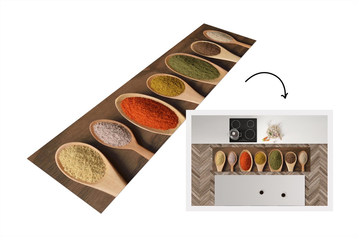KitchenYeah Keukenloper - Loper keuken - Pollepel - Kruiden - Eten - 200x50 cm - Keukenloper vinyl Multicolor