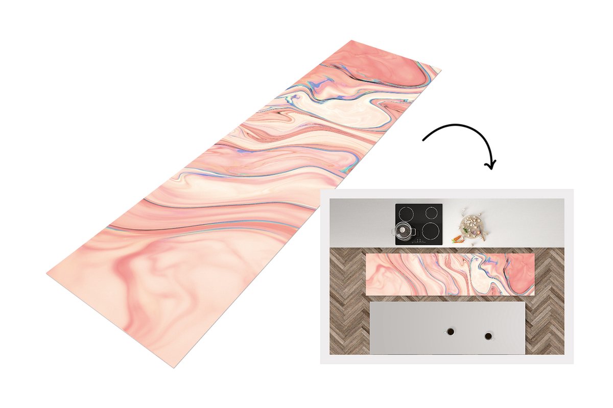KitchenYeah Keukenloper - Loper keuken - Marmer - Pastel - Roze - 240x60 cm - Keukenloper vinyl Multicolor