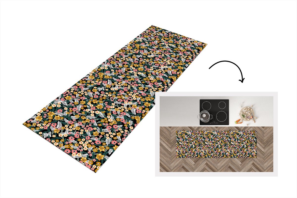 KitchenYeah Keukenloper - Loper keuken - Bloemen - Regenboog - Patronen - 180x60 cm - Keukenloper vinyl Multicolor