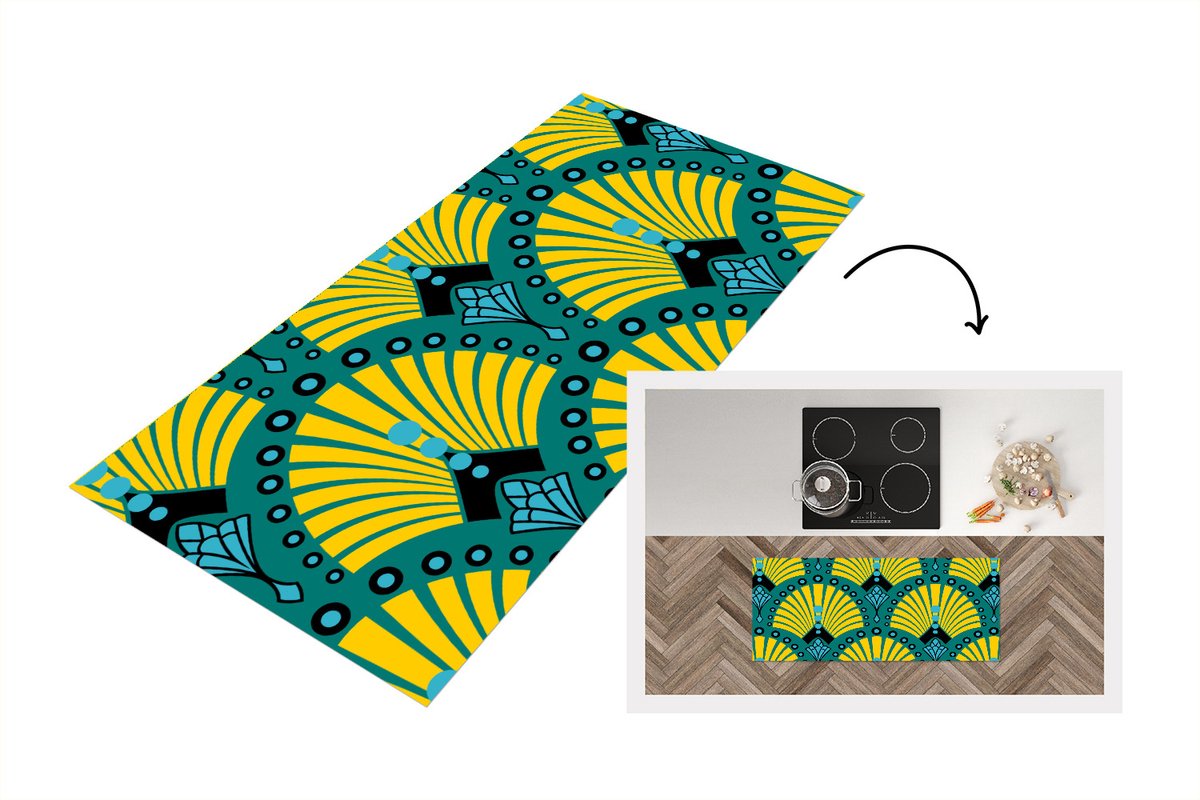 KitchenYeah Keukenloper - Loper keuken - Art Deco - Patroon - Blauw - Geel - 120x50 cm - Keukenloper vinyl Multicolor