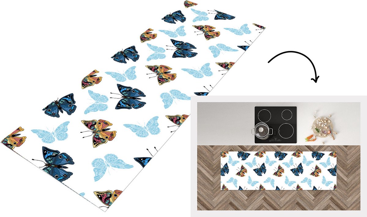KitchenYeah Keukenloper - Loper keuken - Vlinder - Insecten - Patronen - Zomer - 180x60 cm - Keukenloper vinyl Multicolor