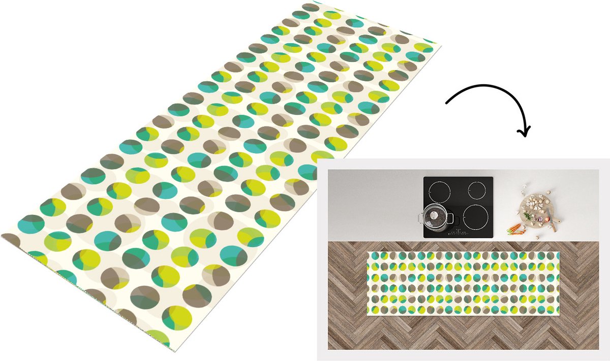 KitchenYeah Keukenloper - Loper keuken - Cirkel - Groen - Patroon - 180x60 cm - Keukenloper vinyl Multicolor