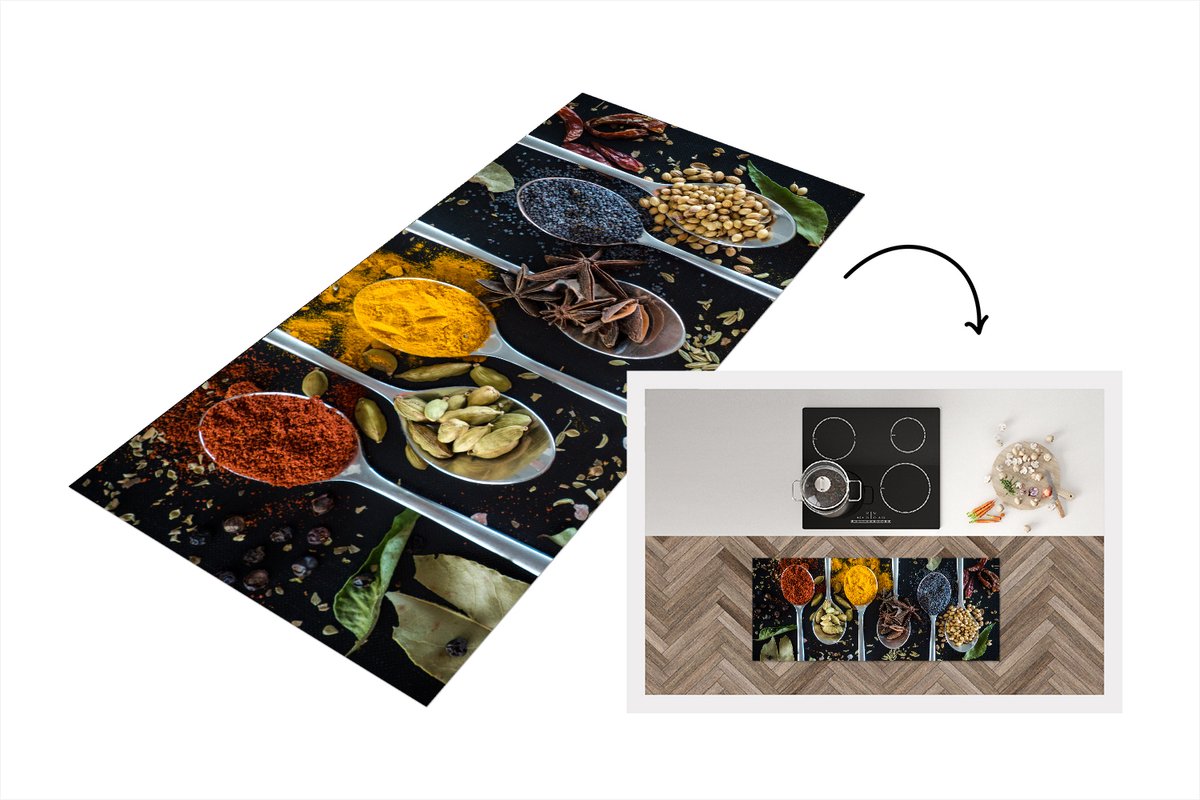 KitchenYeah Keukenloper - Loper keuken - Lepel - Specerijen - Kruiden - Eten - 120x50 cm - Keukenloper vinyl Multicolor