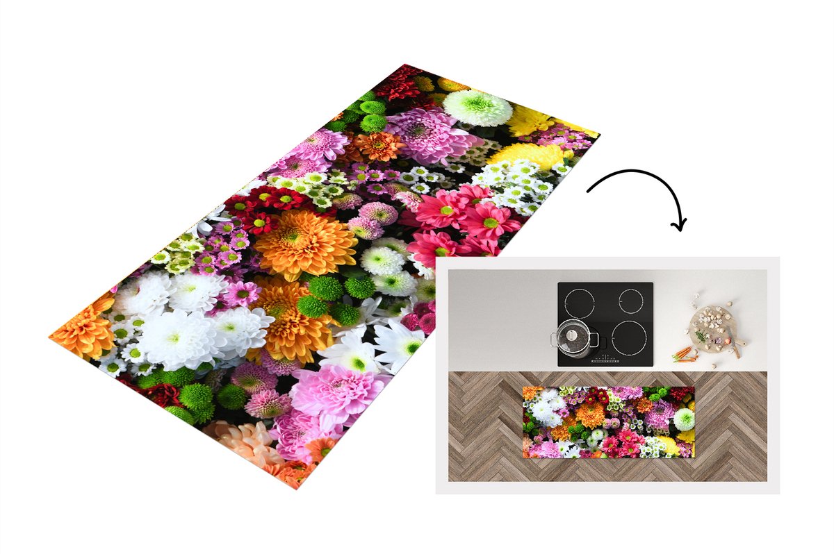 KitchenYeah Keukenloper - Loper keuken - Bloemen - Chrysant - Kleuren - Collage - 120x50 cm - Keukenloper vinyl Multicolor