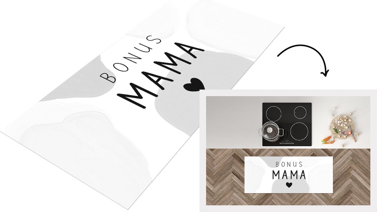 KitchenYeah Keukenloper - Loper keuken - Spreuken - Quotes Bonus mama - Moeder cadeautje - Moederdag - Mama - zwart wit - 120x50 cm - Keukenloper vinyl Zwart; Wit