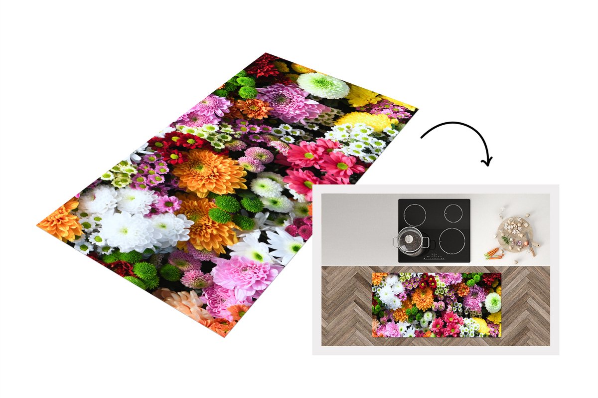 KitchenYeah Keukenloper - Loper keuken - Bloemen - Chrysant - Kleuren - Collage - 120x60 cm - Keukenloper vinyl Multicolor