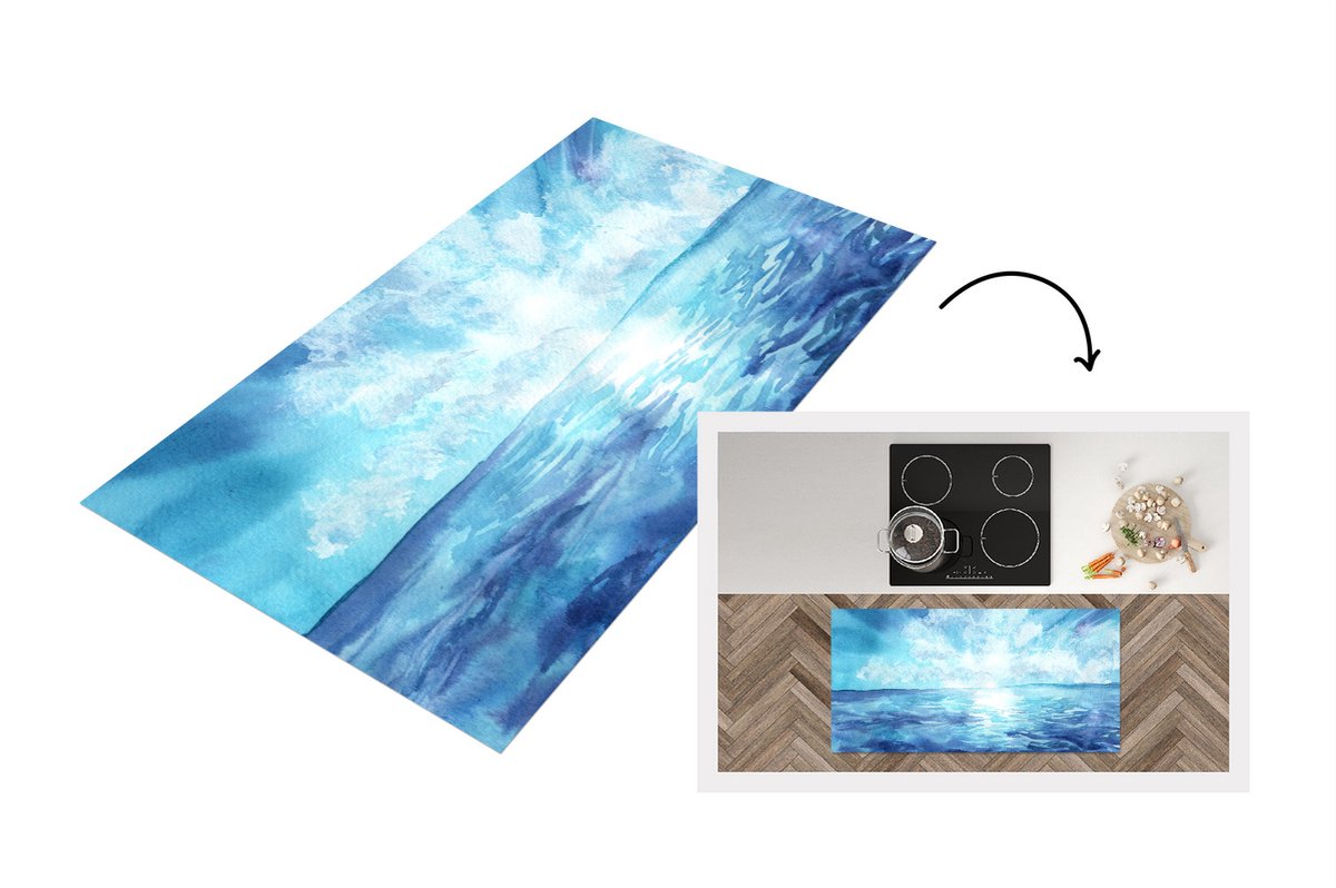 KitchenYeah Keukenloper - Loper keuken - Zee - Zon - Wolken - 120x60 cm - Keukenloper vinyl Multicolor