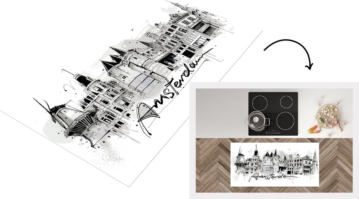 KitchenYeah Keukenloper - Loper keuken - Amsterdam - Zwart - Wit - 120x60 cm - Keukenloper vinyl Multicolor