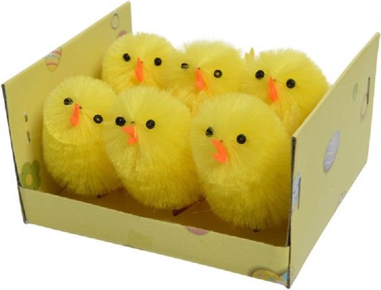 Decoris Paaskuikentjes - 6 stuks - geel - 4 cm - Paasversiering / Paasdecoratie