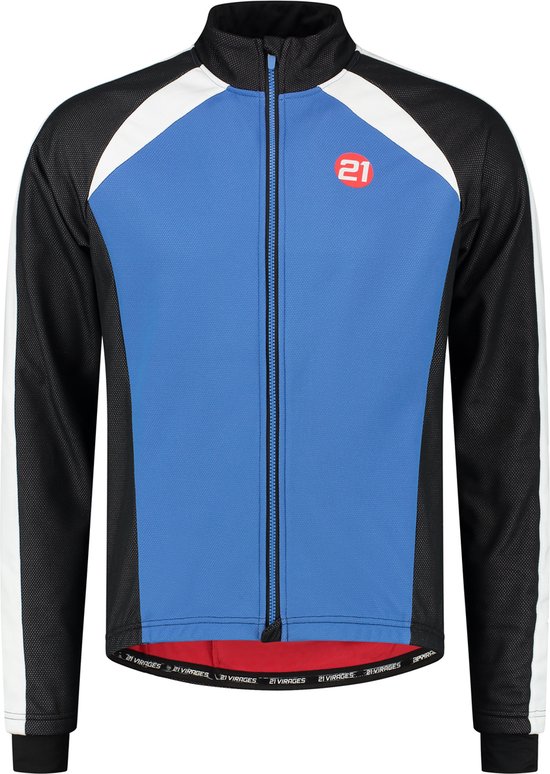 Zwart, blauw en wit fietsjack voor heren met rode voering en een rood logo.
