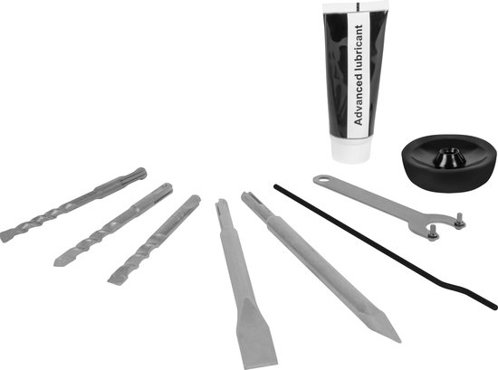 SDS-bits, beitel, ringsleutel, boorstop en smeerolie.