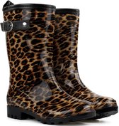 FashionBootZ pvc regenlaarzen leopard bruin - zwart met gesp-38