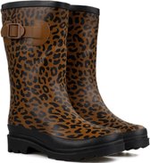 FashionBootZ regenlaarzen leopard bruin - zwart met gesp-38