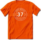37th Happy Birthday T-shirt | Vintage 1985 Aged to Perfection | 37 jaar verjaardag cadeau | Grappig feest shirt Heren – Dames – Unisex kleding | - Oranje - 3XL