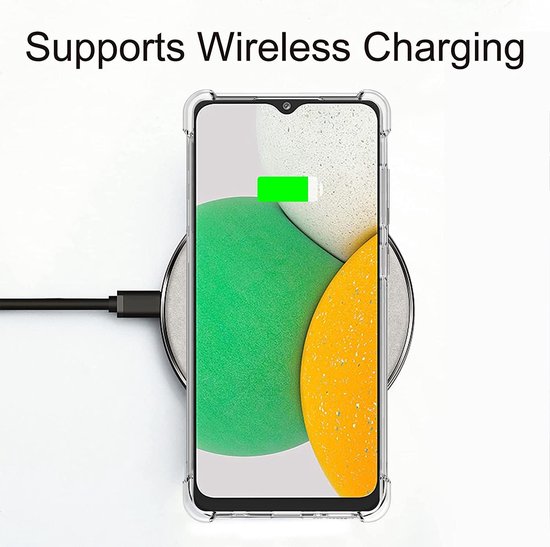 Transparante telefoonhoes met versterkte hoeken, met tekst 'Supports Wireless Charging'.
