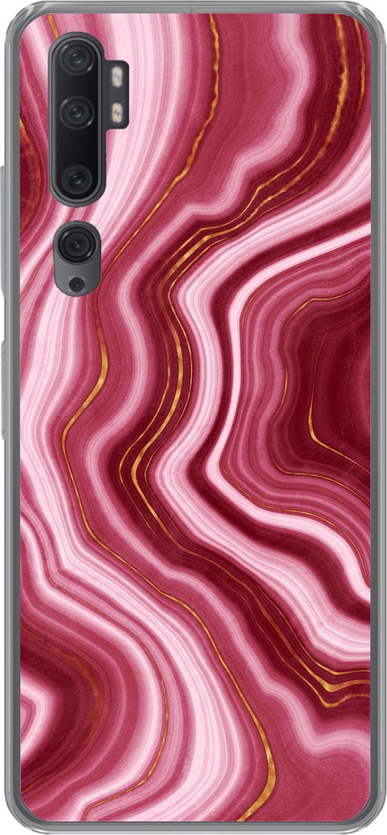 Geschikt voor Xiaomi Mi Note 10 Pro hoesje - Marmer print - Roze - Rood - Siliconen Telefoonhoesje