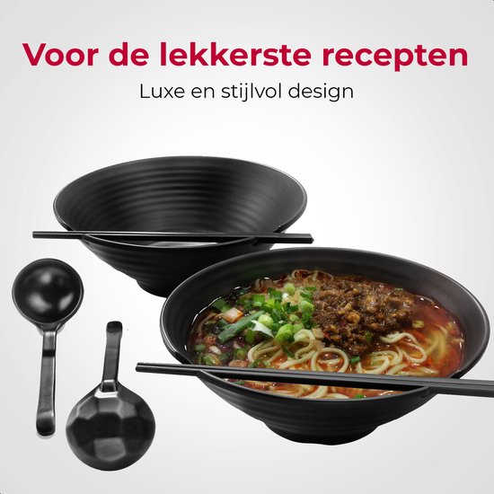 Ramen kommenset, 2-delige set inhoud 1032 ml Japanse soep kom met lepel en eetstokjes, voor pasta Udon Aziatische noedels, rood zwart gemengd (4