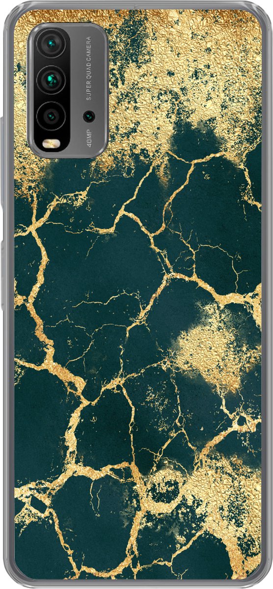 Telefoonhoesje Geschikt voor Xiaomi Geschikt voor Redmi 9T hoesje - Goud - Groen - Marmer print - Siliconen Telefoonhoesje Telefoonhoesje