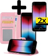 Hoesje Geschikt voor iPhone SE 2022 Hoesje Book Case Hoes Wallet Cover Met 2x Screenprotector - Hoes Geschikt voor iPhone SE (2022) Hoesje Bookcase Hoes - Lichtroze