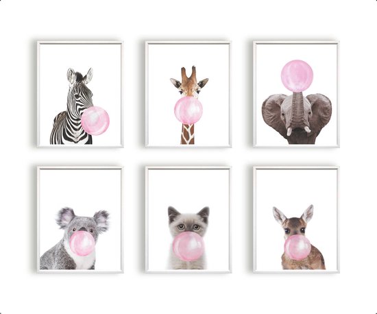 Poster Set 6 Zebra giraf olifant hert poesje hertje met roze kauwgom