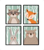 Poster Set 4 Beer vos wasbeer konijn in het bos / Dieren / 30x21cm