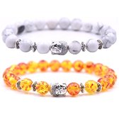 Armband heren / dames / unisex - met buddha bedel - Kralen armband boedha - Chakra armband - Cadeau voor hem of haar - Armbandenset 2 bandjes - Wit marmer & Lava