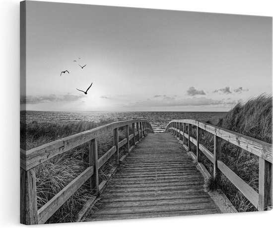 Artaza Canvas Schilderij Voetpad met Zee en Vogels - Zwart Wit - 120x80 - Groot - Foto Op Canvas - Wanddecoratie Woonkamer