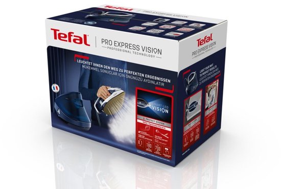 Tefal Pro Express Vision stoomstrijkijzer productdoos met afbeeldingen van het strijkijzer, een persoon die strijkt en productkenmerken.