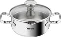 Een RVS pan met glazen deksel, Tefal logo en maatstrepen.