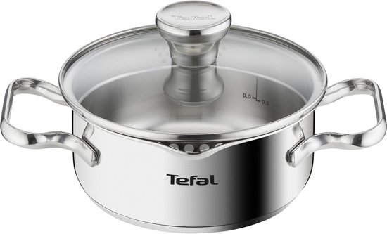 Een RVS pan met glazen deksel, Tefal logo en maatstrepen.
