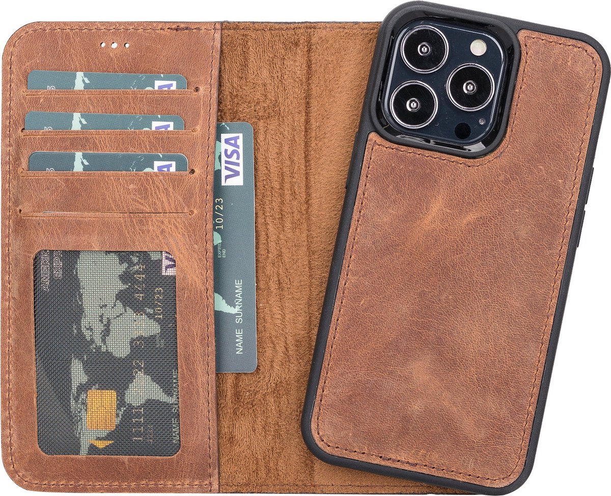 Hoesje iPhone 13 Pro Max Oblac® - Full-grain leer - Magnetisch 2IN1 - RFID - 5 kaartvakken - Antiek Bruin