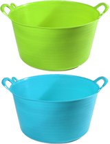 Voordeelset van 2x stuks kunststof flexibele emmers/wasmanden/kuipen 26 liter in het blauw/groen 44 x 27 cm
